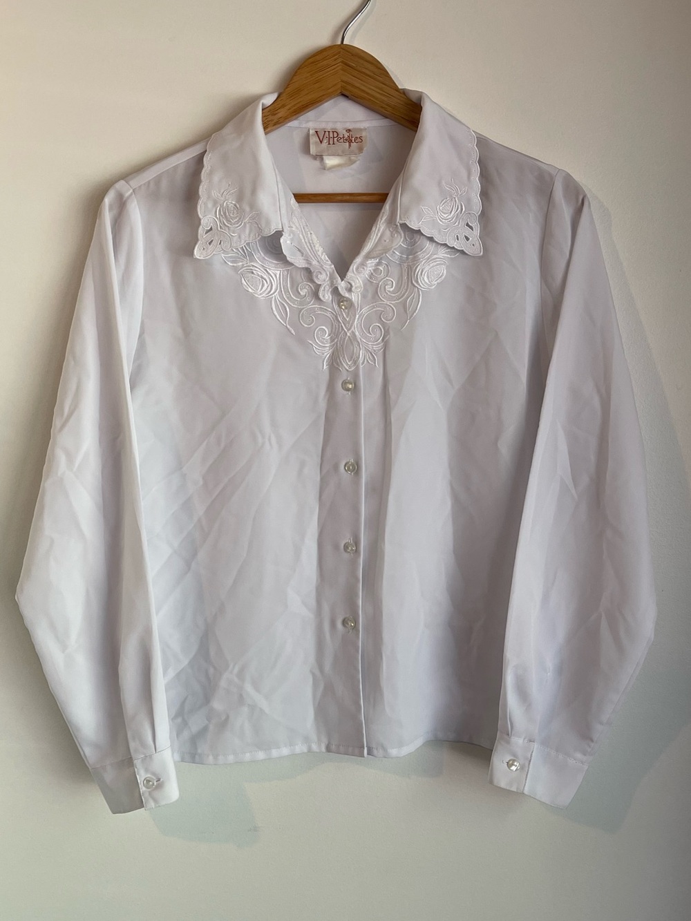 Vintage VI Petites White Embroidered Lace Collar Button Down Blouse XL
